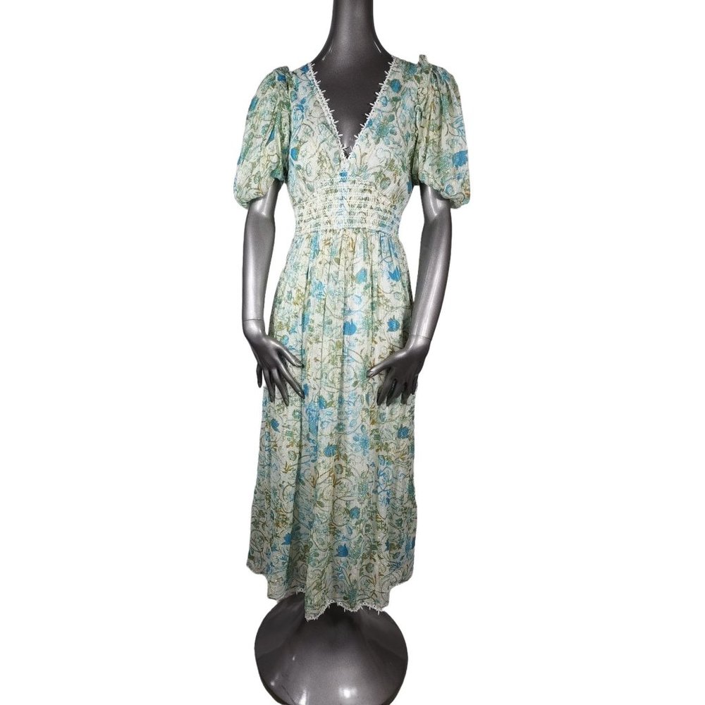 Rococo Sand NWT Blue Maxi Dress Ruched Lace Metallic Floral Wedding  Medium